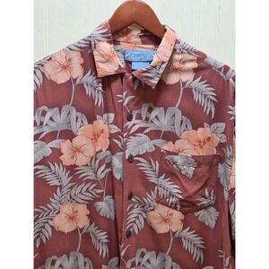 Bermuda Bay Shirt Mens Large Red Silk Hawaiian Floral Short Sleeve Button Up